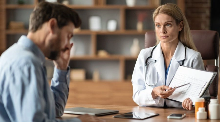 Physician and patient displaying Medication Management for Manic and Major Depressive Episodes
