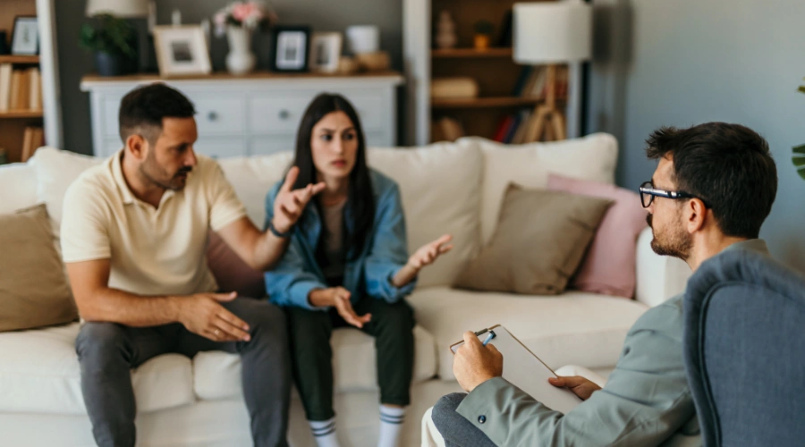 A male and female couple in a therapy session . discussing gambling addiction