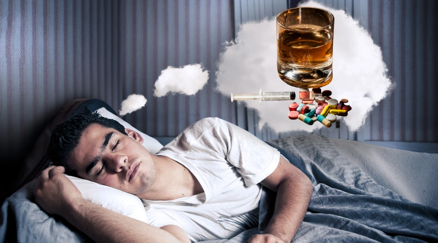 Man sleeping and dreaming about drugs
