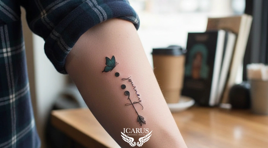 Image of a Semicolon Tattoo for Suicidal Ideation on a person's inner arm