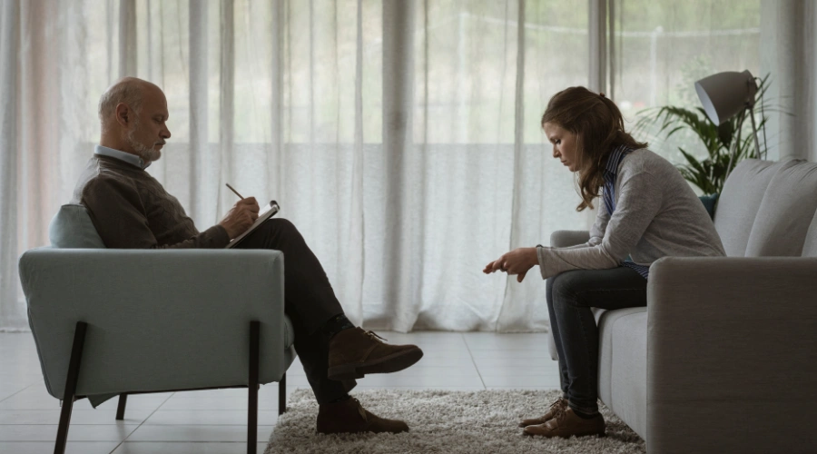 Image of female patient in a therapy session with her male counselor