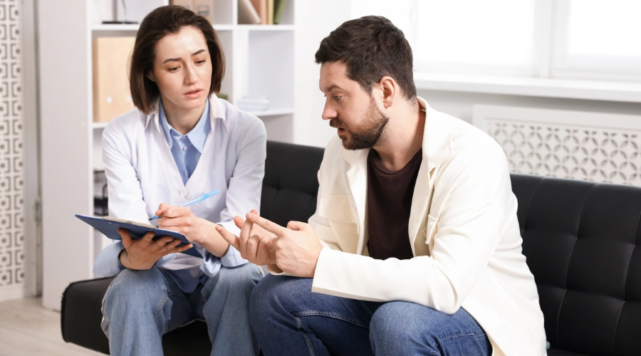 Image of a therapist talking with a patient in a comfortable clinical setting, offering support for alcohol recovery and IBS management