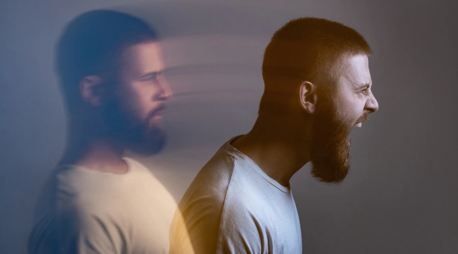 Image of a person shown with contrasting emotional expressions, representing bipolar disorder